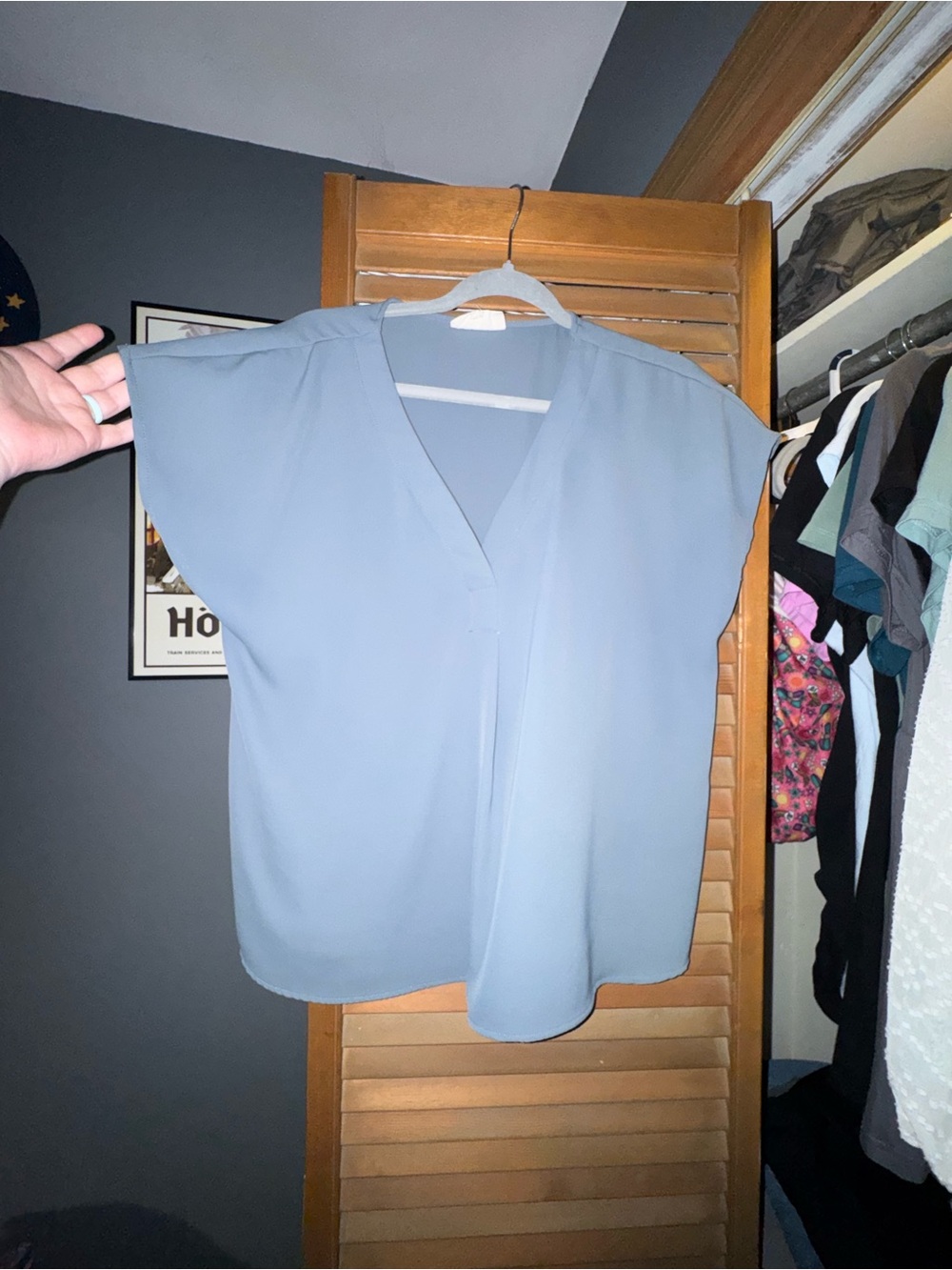 Dusty Blue V-Neck Cap Sleeve Blouse